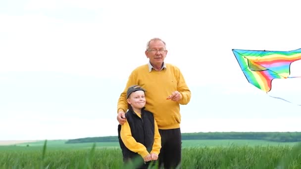 Старший з онуком літає повітряним змієм посеред зеленого поля. Щаслива сім'я. Концепція хобі і насолоджуватися якісним часом - Кадри, відео