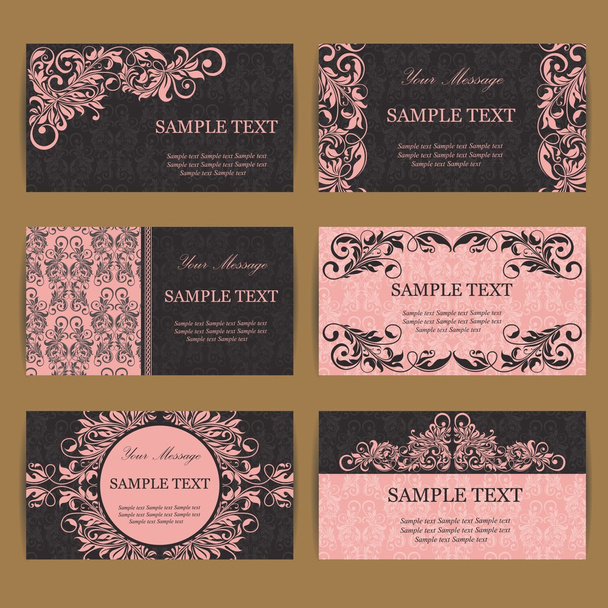 Set of six floral vintage business cards, invitations or announcements. - Vector, afbeelding