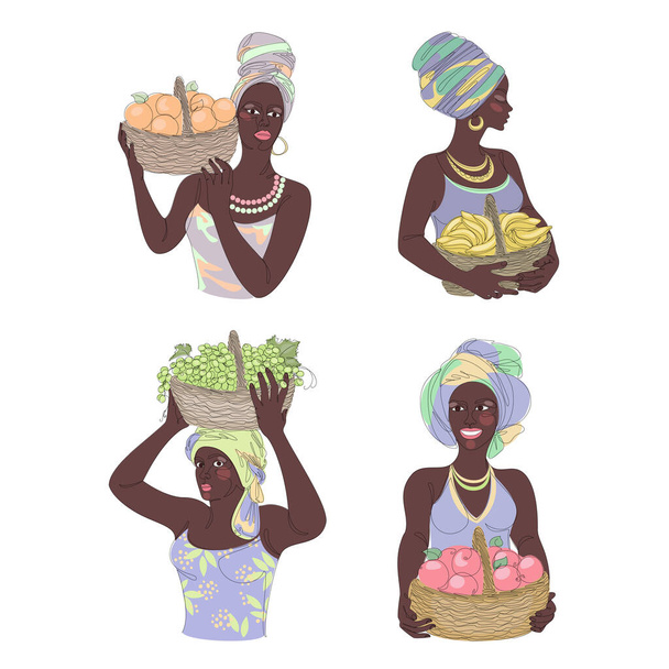 Collection. Silhouettes of a girl in a headscarf. The lady holds in her hands a basket with bananas and apples, grapes, oranges Woman in a modern one line style, contour. Vector illustration, set - Vettoriali, immagini