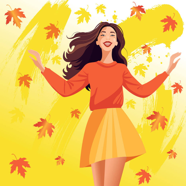 Vector illustratie in cartoon stijl met aquarelstreken. Een mooie jonge vrouw in een warme trui en modieuze doos rok vangt vallende gele herfst bladeren met haar handen. - Vector, afbeelding
