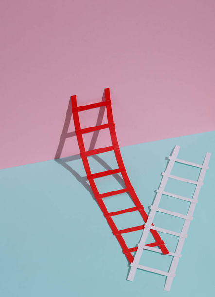 Бумажные лестницы на сине-розовом пастельном фоне. Креативная макет, бизнес, концепция карьерного роста - Фото, изображение