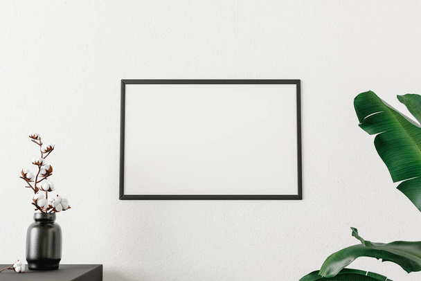 3D rendering of blank rectangular horizontal frame hanging on white wall near green plant and sculpture - Zdjęcie, obraz