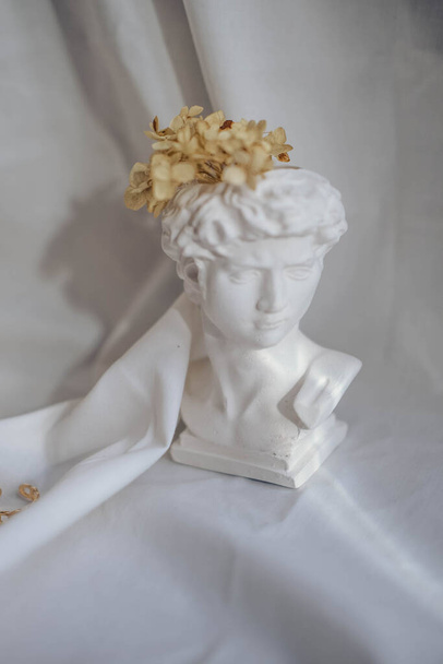 Witte marmeren buste van David en hortensia bloemen op een witte achtergrond - Foto, afbeelding