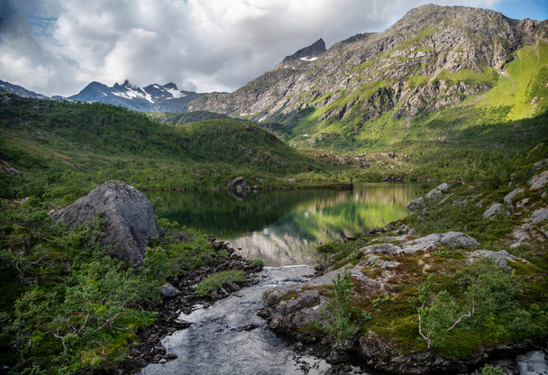 Beautiful Scandinavian landscape, mountains and a lake on the Vesteralen archipelago - Foto, Imagen
