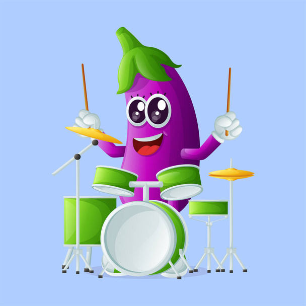 Cute eggplant character playing drum. Perfect for kids, merchandise and sticke - Διάνυσμα, εικόνα