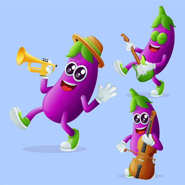 Set of cute eggplant characters playing musical instruments. Perfect for kids, merchandise and sticke - Διάνυσμα, εικόνα
