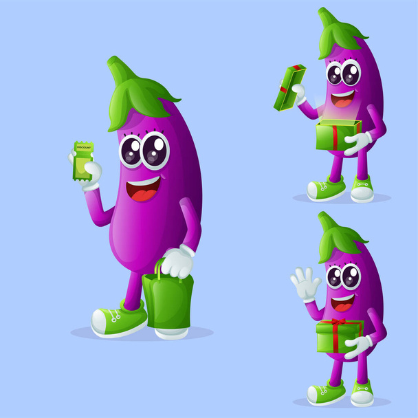 Set of cute eggplant characters receiving gifts. Perfect for kids, merchandise and sticker, banner promotion or blo - Vektör, Görsel