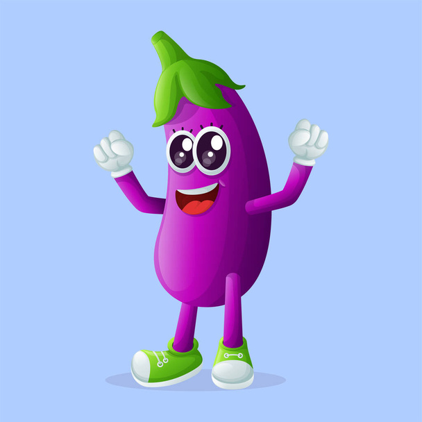 Cute eggplant character making a victory sign with his hand. Perfect for kids, merchandise and sticker, banner promotion or blo - Wektor, obraz