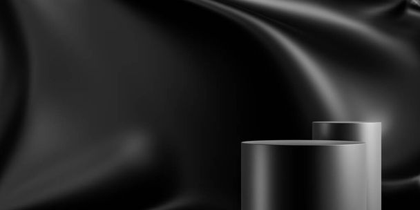 Elegantní černý kulatý stojan pro umístění produktu mockup. Tmavé pódium výstavní scény pozadí. Minimální válcová platforma showroom s bodovým světlem. - Fotografie, Obrázek