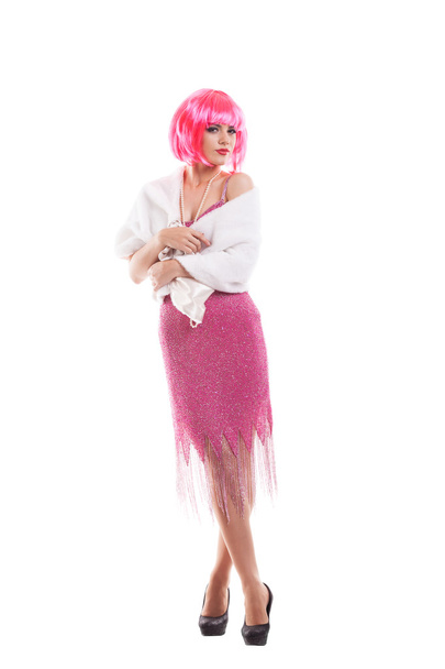 Pink hair girl dressed as Merelyn Monroe isolated on white background - Fotoğraf, Görsel