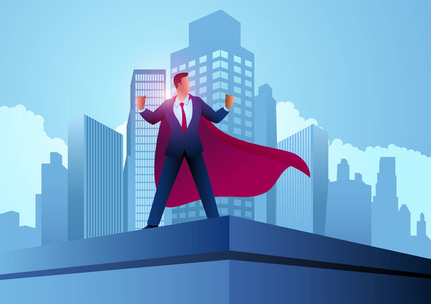 Бизнесмен как супергерой, стоящий на вершине здания, достижение, решимость, преодоление препятствий, векторная иллюстрация - Вектор,изображение