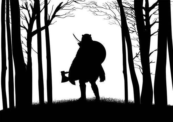 Siluetti Viking Berserker yllään karhu iho pitämällä kirves metsässä, vektori kuva - Vektori, kuva