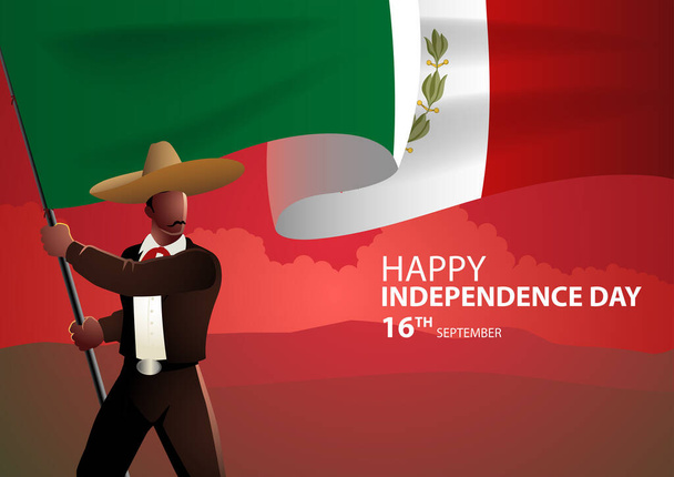 Hombre mexicano vestido con ropa tradicional mexicana sosteniendo la bandera de México, día de la independencia, ilustración vectorial - Vector, Imagen