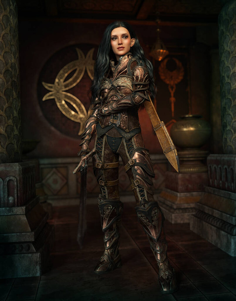 3D computer graphics van een vrouwelijke vechter met fantasy armor - Foto, afbeelding