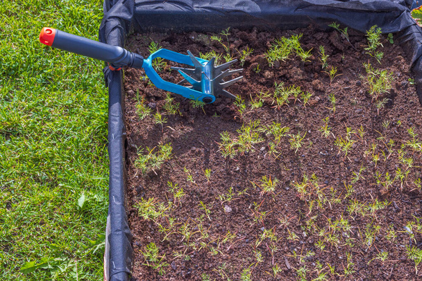 Bahçe yatağını gevşetmek için toprak kabartma tozunun yakın görüntüsü. - Fotoğraf, Görsel