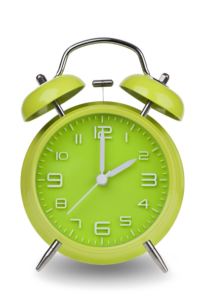 Green alarm clock with the hands at 2 am or pm isolated on a white background. One of a set of 12 images showing the top of the hour starting with 1 am or pm and going through all 12 hours - 写真・画像