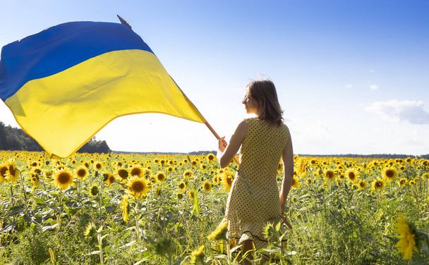 sárga-kék szatén zászló Ukrajna kezében egy nő hátterében virágzó mező napraforgók. Állítsa meg a háborút. a nemzet büszkesége, az ország szimbóluma, a hazafiság. Függetlenség napja. - Fotó, kép