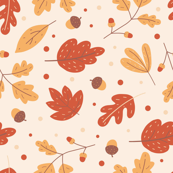 Natural seamless pattern with autumn fallen leaves of forest trees. Bright colored botanical seasonal vector illustration in flat style for wrapping paper, wallpaper, fabric print. - Vetor, Imagem