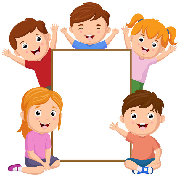 Vector illustration of Cute little kids cartoon with blank sign - Vector, Image
