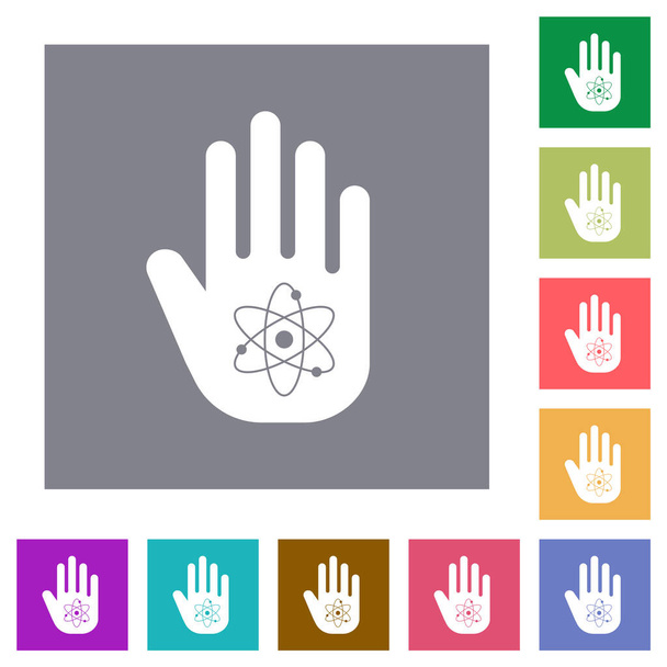 Señal de sanción atómica en forma de mano esboza iconos planos sobre fondos cuadrados de color simple - Vector, imagen