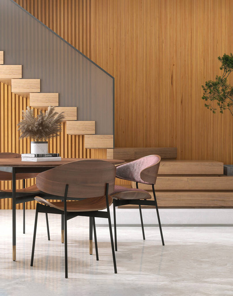 Mid century style wood dining table, cushion chair in living room, modern L shape wood cantilever stair, tempered glass panel balustrades, tropical tree in sunlight on wood panel wall background 3D - 写真・画像