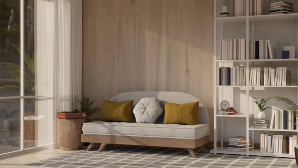 Innenarchitektur eines modernen skandinavischen Wohnzimmers mit einem Sofa auf einem Teppich, einem Plattenspieler auf einem Holztisch, einem großen Bücherregal und einem großen Fenster. 3D-Renderer, 3D-Illustration - Foto, Bild