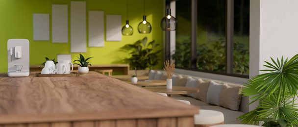 Закрытый образ красивого деревянного бара с современной кофеваркой и кружкой в современном и удобном офисном ложе. 3D рендеринг, 3D иллюстрация - Фото, изображение