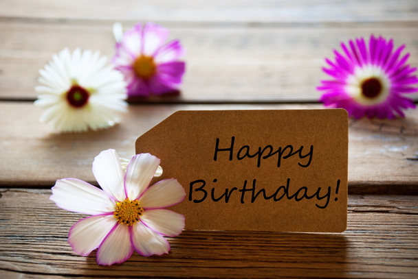 Label With Text Happy Birthday With Cosmea Blossoms - Zdjęcie, obraz