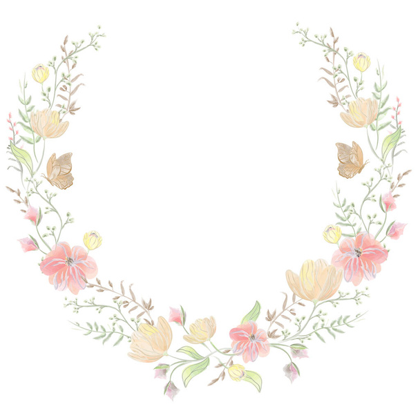 arch of wild orange flowers and butterflies watercolor. Vector illustration - Vector, Image