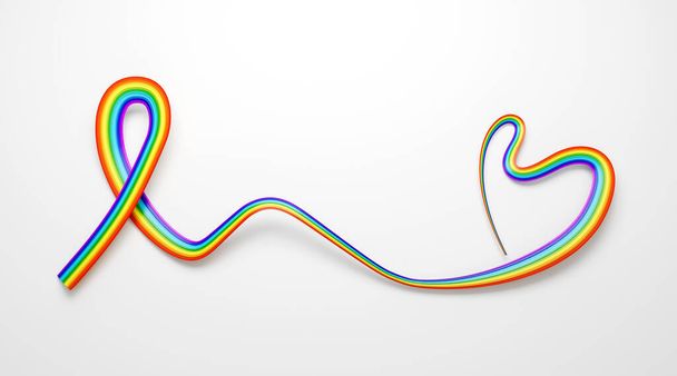 Bandeira 3d do coração do arco-íris em forma de bandeira de fita de conscientização ondulada no fundo branco ilustração 3d - Foto, Imagem