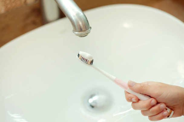 dental hygiene.  brushing teeth. Morning routine. - Фото, изображение