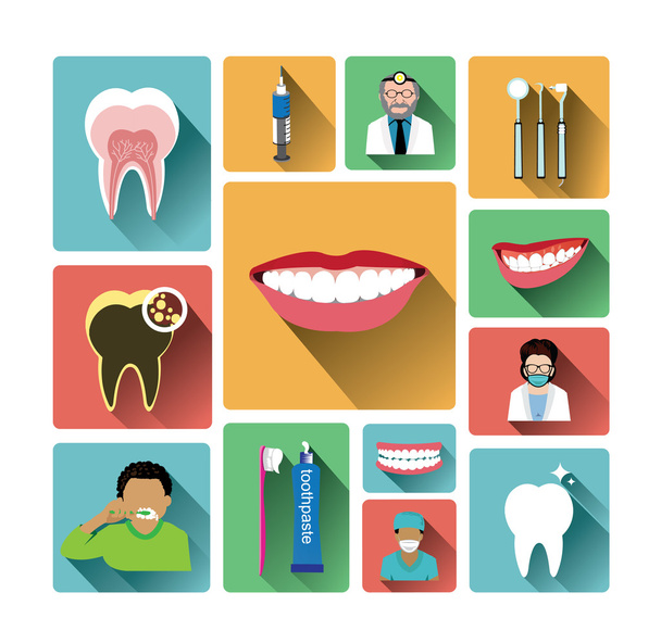 Modern flat dental icons set with long shadow effect - Vector, Image