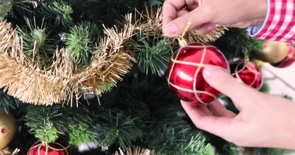 Manos femeninas colgando bola roja en el árbol de navidad con la película tinsel 4k. Preparación para el concepto de año nuevo - Metraje, vídeo
