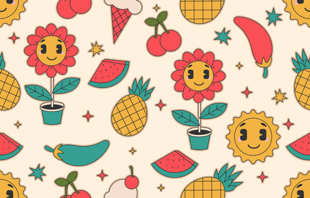 Fruits and Flowers Seamless Pattern For kids  with hippie style - Vector, Image