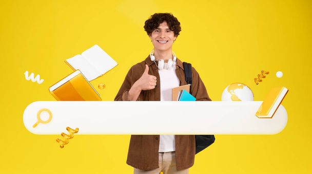 I Like Online Education. Collage With Student Guy Gesturing Thumbs Up Near Internet Search And Books Icons Posing Over Yellow Background, Panorama. Information Browsing And Study Research Concept - Photo, Image