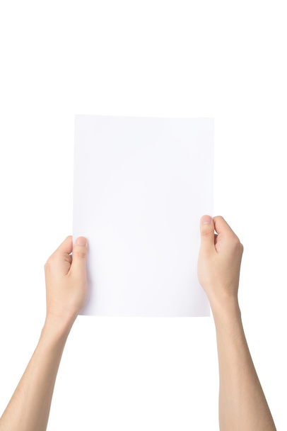 hands holding A4 paper, isolated on white - Φωτογραφία, εικόνα