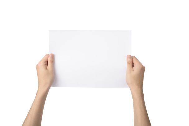 руки держащие бумагу формата А4, изолированные на белом
 - Фото, изображение