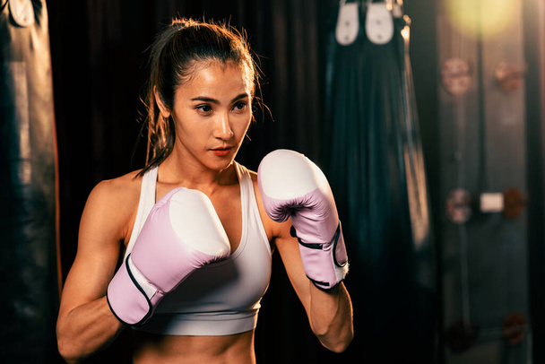 Kobieta muay tajski bokser w pozycji obronnej strażnik noszenie rękawiczki w siłowni gotowy do walki pozowanie, trening bokserski i profesjonalny sport sztuk walki. Impetus - Zdjęcie, obraz