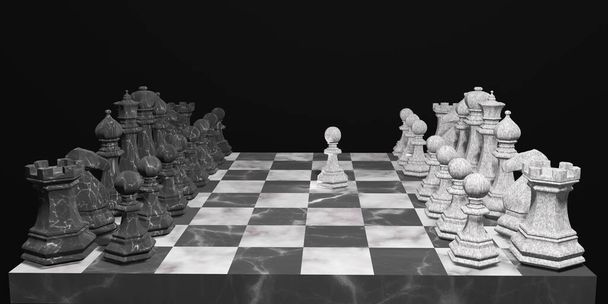 Σκακιστικά κομμάτια στη σκακιέρα. Ομαδική εργασία και ανταγωνισμός. Πρώτη ιδέα κίνησης.  - Φωτογραφία, εικόνα