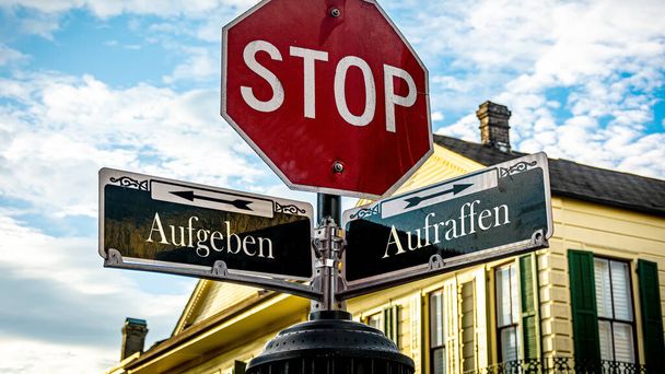 Uma imagem com um sinal apontando em duas direções diferentes em alemão. Uma direção aponta para pegar, a outra aponta para desistir. - Foto, Imagem
