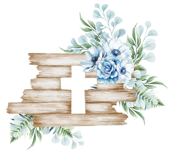 Blumenkreuz isoliert auf weiß. Holzkreuz mit blauen Blüten, Farn, Eukalyptuszweigen. Taufzeremonie - Foto, Bild