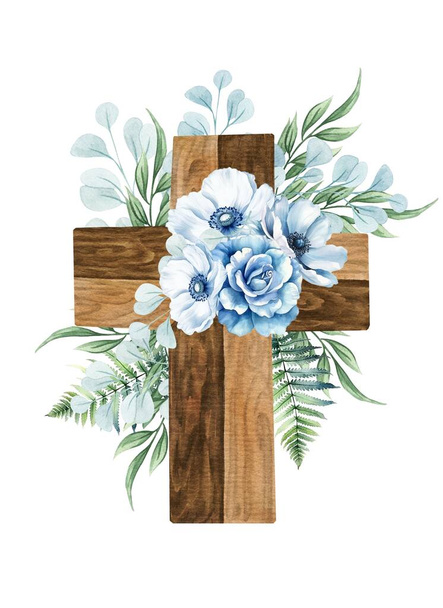 Croce floreale isolata su bianco. Croce di legno con fiori blu, felce, ramoscelli di eucalipto. Cerimonia di battesimo - Foto, immagini