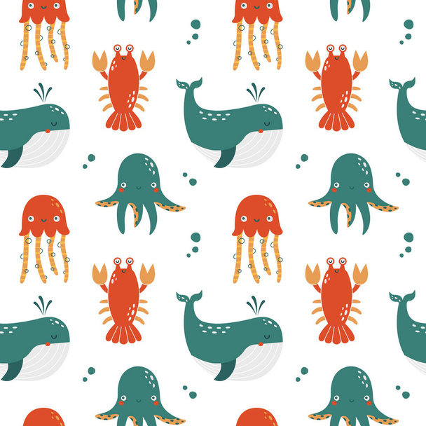 Cute seamless pattern with cute sea animals, whale, crayfish, octopus, jellyfish. Flat hand drawn summer background for wrapping paper, children merch, baby shower, fabric, textile, stickers - Vector, Image
