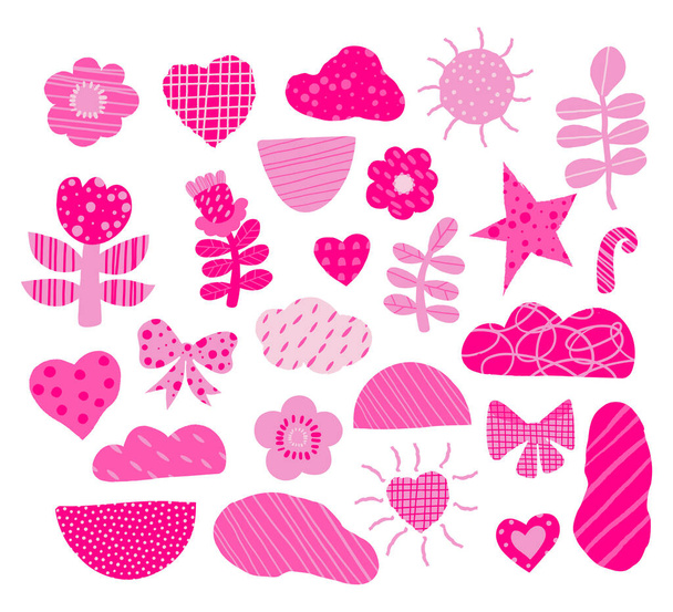 Forme minimaliste moderne estetiche rosa. Collezione Barbiecore di fiori decorativi, cuori, macchie e figura astratta. Illustrazione vettoriale. Elementi di forma di taglio isolati per design, arredamento, decorazione - Vettoriali, immagini