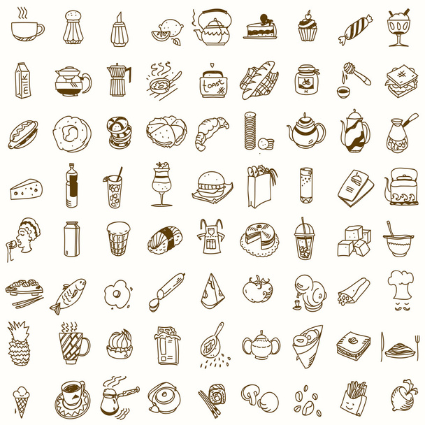 Πρωινό γεύμα ή δείπνο κουζίνα doodle χέρι σκίτσο τραχύ απλές εικόνες καφέ, τσάι, ντόνατ, τσαγιέρα, cupcake, μαρμελάδα και άλλα γλυκά - Διάνυσμα, εικόνα