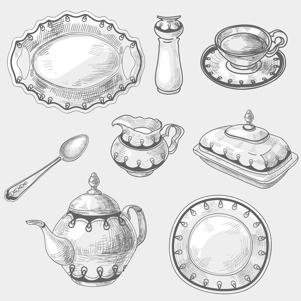 Hand drawn doodle sketch kitchen porcelain utensils, kitchenware kettler teapot cup of tea coffee spoon dish or plate. - Вектор,изображение