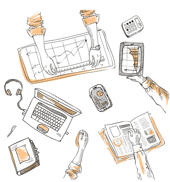 チームワーク、平面図人スケッチ手描き落書きオフィス ビジネス オブジェクトと職場を手し、机ラップトップ、デジタル タブレット、携帯電話横になっている項目 - ベクター画像