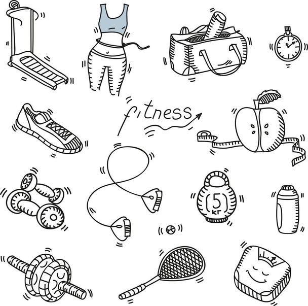 Hand getrokken doodle schets pictogrammen instellen fitness en sport concept gezonde voeding levensstijl, dieet - Vector, afbeelding