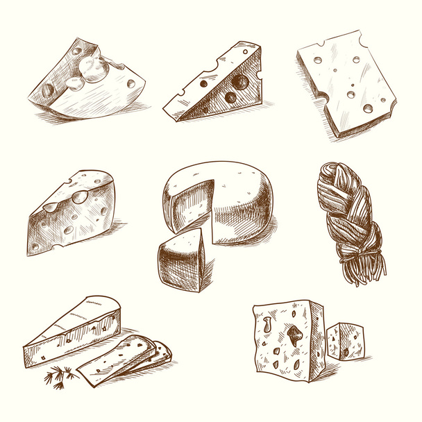 Χέρι που doodle σκίτσο τυρί με διαφορετικούς τύπους τυριών σε ρετρό στιλ στυλιζαρισμένη - Διάνυσμα, εικόνα