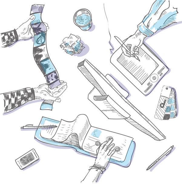Teamwork, top view people hands sketch hand drawn doodle office workplace with business objects and items lying on a desk laptop, digital tablet, mobile phone - Vector, Image